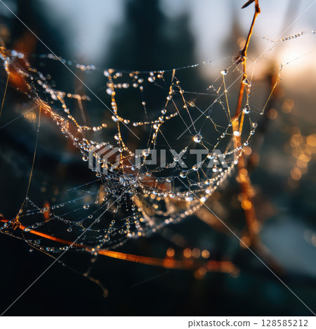 Dew, spider web, morning, nature, sunlight create sparkling, peaceful outdoor scene Dew, spider web, morning, nature, sunlight create sparkling, peaceful outdoor scene 128585212