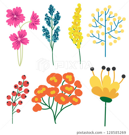 Set of hand drawn floral design elements, abstract shapes. 128585269