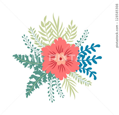 Wild and garden flowers, leaves. Modern vector botanical illustrations in trendy bright colors on white background. hand drawn floral design elements 128585308