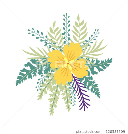 Wild and garden flowers, leaves. Modern vector botanical illustrations in trendy bright colors on white background. hand drawn floral design elements Wild and garden flowers, leaves. Modern vector botanical illustrations in trendy bright colors on white background. hand drawn floral design elements 128585309