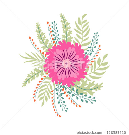 Wild and garden flowers, leaves. Modern vector botanical illustrations in trendy bright colors on white background. hand drawn floral design elements 128585310