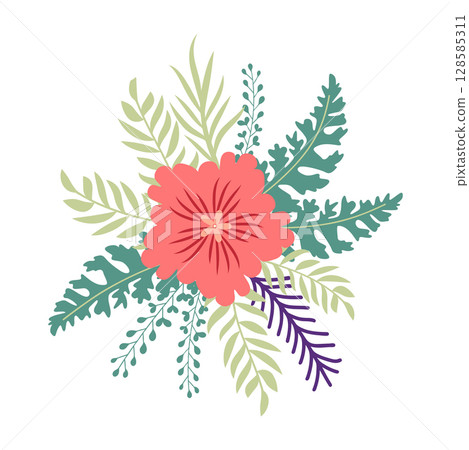 Wild and garden flowers, leaves. Modern vector botanical illustrations in trendy bright colors on white background. hand drawn floral design elements 128585311