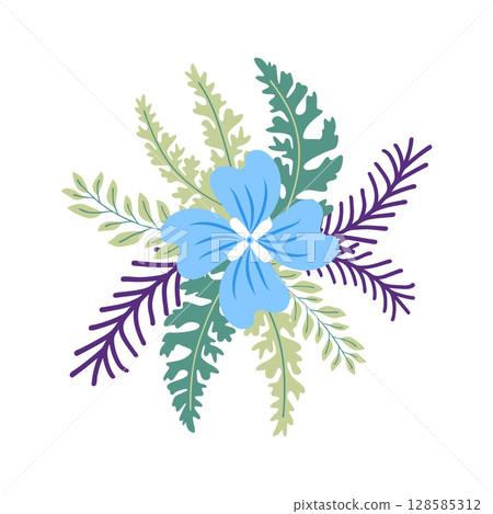 Wild and garden flowers, leaves. Modern vector botanical illustrations in trendy bright colors on white background. hand drawn floral design elements 128585312
