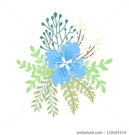 Wild and garden flowers, leaves. Modern vector botanical illustrations in trendy bright colors on white background. hand drawn floral design elements Wild and garden flowers, leaves. Modern vector botanical illustrations in trendy bright colors on white background. hand drawn floral design elements 128585314