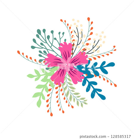 Wild and garden flowers, leaves. Modern vector botanical illustrations in trendy bright colors on white background. hand drawn floral design elements Wild and garden flowers, leaves. Modern vector botanical illustrations in trendy bright colors on white background. hand drawn floral design elements 128585317
