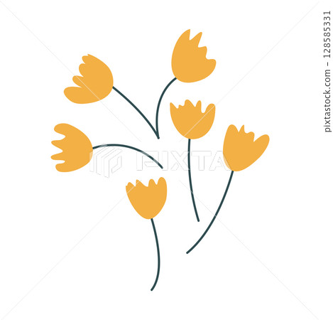 Wild and garden flowers, leaves. Modern vector botanical illustrations in trendy bright colors on white background. hand drawn floral design elements 128585331