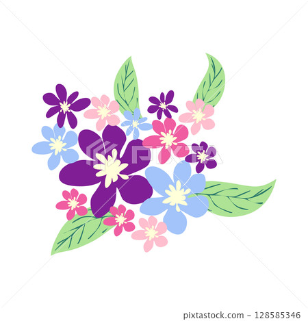 Wild and garden flowers, leaves. Modern vector botanical illustrations in trendy bright colors on white background. hand drawn floral design elements 128585346