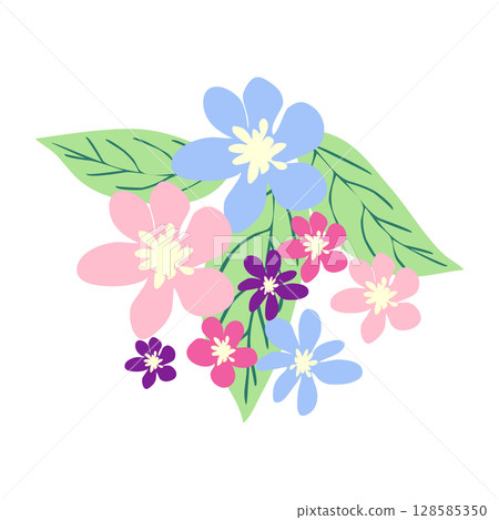 Wild and garden flowers, leaves. Modern vector botanical illustrations in trendy bright colors on white background. hand drawn floral design elements 128585350