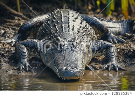 Majestic Crocodile Basking in the Sun Along the Riverbank at Sunset. Generative AI 128585394