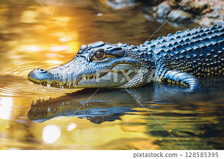 Crocodile Gliding Gracefully on Tranquil Waters Under a Golden Sun. Generative AI 128585395