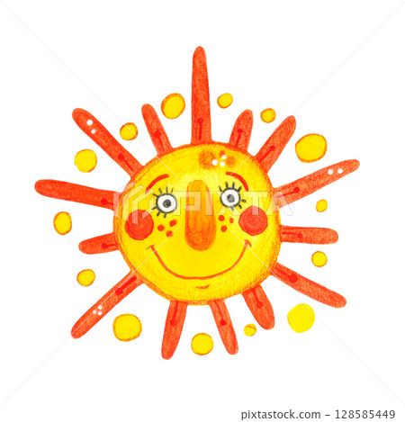 Funny character, sun with long rays, cartoon, decorative. Watercolor illustration hand drawn. Drawing for postcards, stickers, print. Children, holiday, Maslenitsa, decor, party, summer, fairytale Funny character, sun with long rays, cartoon, decorative. Watercolor illustration hand drawn. Drawing for postcards, stickers, print. Children, holiday, Maslenitsa, decor, party, summer, fairytale 128585449