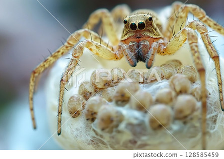 Spider Nurturing Her Hatchlings in a Delicate Webbed Egg Sac. Generative AI 128585459