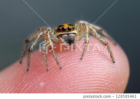 Spider Perched Delicately on Human Fingertip Showcasing Intricate Details. Generative AI 128585461