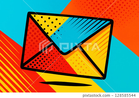 Pop art envelope illustration with halftone dots and comic lines on colorful abstract geometric background Pop art envelope illustration with halftone dots and comic lines on colorful abstract geometric background 128585544