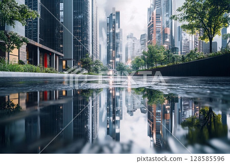Modern City Landscape Mirrored in a Puddle After a Refreshing Rain. Generative AI 128585596