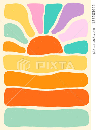 Cute and colorful summer vector sun background, groovy holiday boho beach poster, flyer, brochure or wallpaper 128585663