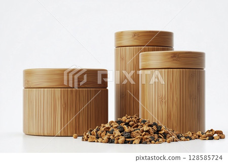 Elegant Bamboo Containers for Storing Cereals and Tea in a Minimalist Setting. Generative AI 128585724