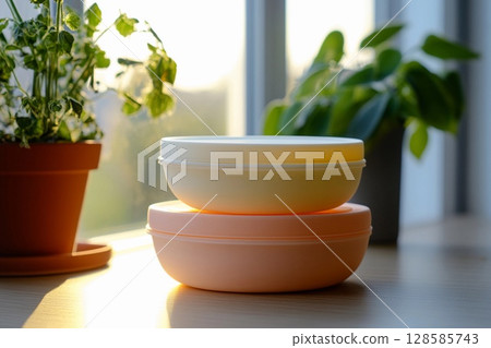 Silicone Containers in Warm Sunlight Beside Lush Green Plants. Generative AI 128585743