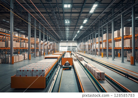 Modern Warehouse Interior Showcasing Efficient Logistics and Storage Solutions. Generative AI 128585783