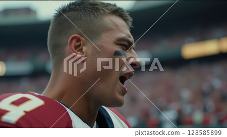 American football player shouting on field during game, emotional moment, close-up portrait in stadium 128585899