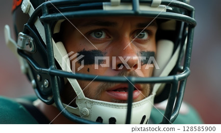 Close-up of focused American football player in helmet with black paint streaks under his eyes during game, intense look on sports field 128585900