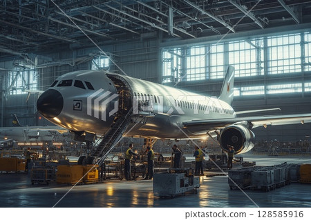 Technicians Working Diligently in an Expansive Aircraft Repair Hangar. Generative AI 128585916