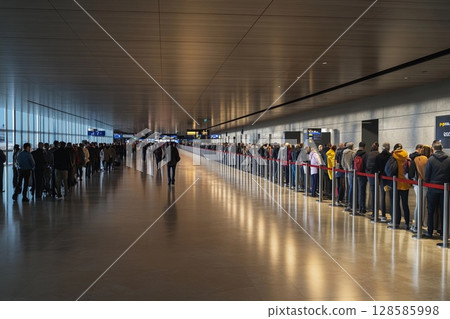 Long Queue for Passport Control at the Busy International Terminal. Generative AI 128585998