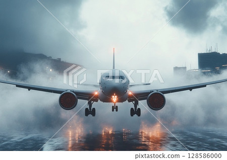 Plane Struggles Against Inclement Weather as It Breaks Through Thick Fog. Generative AI Plane Struggles Against Inclement Weather as It Breaks Through Thick Fog. Generative AI 128586000