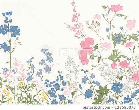 Pink and blue flowers swaying in the spring breeze 128586075