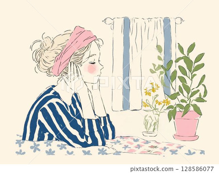 A girl's moment by the window on a quiet morning 128586077