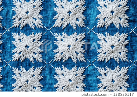 Intricate Folk Embroidery Showcasing White Threads on a Vibrant Blue Background. Generative AI 128586117