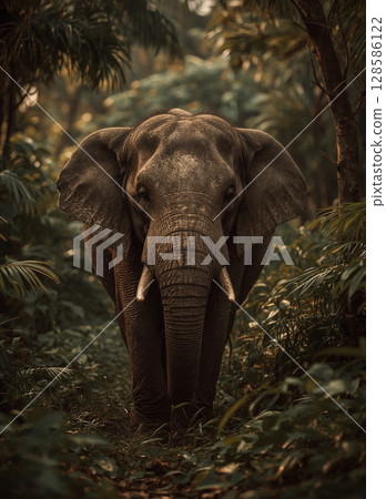 A powerful, full-frontal portrait of a wild elephant in its jungle habitat. Framed by tropical leaves and bathed in dramatic light, this majestic beast is a symbol of strength. 128586122