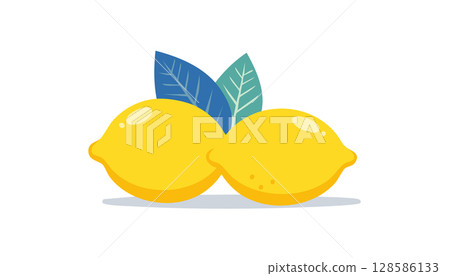 Bright and cheerful lemons in a digital illustration with leaf details, great for product packaging or summer designs. Bright and cheerful lemons in a digital illustration with leaf details, great for product packaging or summer designs. 128586133