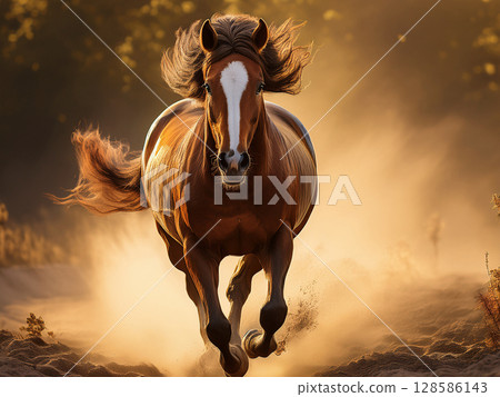 Horses galloping across the plains at sunset Horses galloping across the plains at sunset 128586143