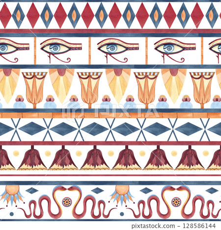 Egyptian seamless pattern. Ancient symbols ornament. Abstract lotus, snake, eye of Horus. Watercolor art illustration isolated from background. Culture concept for textile, packaging, souvenirs Egyptian seamless pattern. Ancient symbols ornament. Abstract lotus, snake, eye of Horus. Watercolor art illustration isolated from background. Culture concept for textile, packaging, souvenirs 128586144