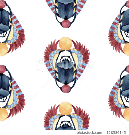 Scarab beetle seamless pattern. Egyptian symbol, religion icon. Ancient ornament. Watercolor illustration isolated from background. For textile, decorative items, souvenir products, packaging Scarab beetle seamless pattern. Egyptian symbol, religion icon. Ancient ornament. Watercolor illustration isolated from background. For textile, decorative items, souvenir products, packaging 128586145
