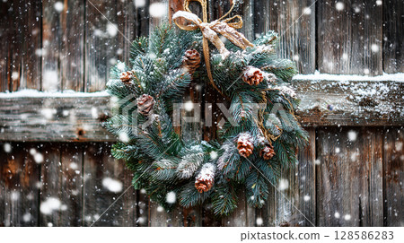 Realistic close up of a traditional Christmas wreath with pinecones and red berries hanging on a rustic wooden door, lightly dusted with snow. Winter holiday decoration in cozy countryside style 128586283