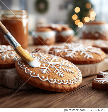 Realistic close up of gingerbread cookies being decorated with white icing in a cozy Christmas kitchen. Homemade winter treats and traditional holiday baking 128586342