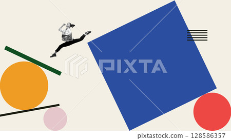 Collage of joyful woman jumping over oversized geometric shapes holding office files 128586357