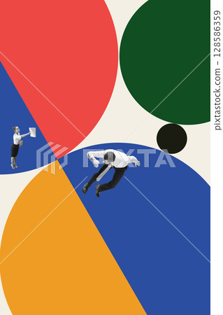 Collage of businessman falling into colorful radial chaos while woman presents report 128586359