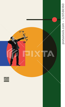 Collage of archer aiming toward colored target in surreal corporate landscape 128586360
