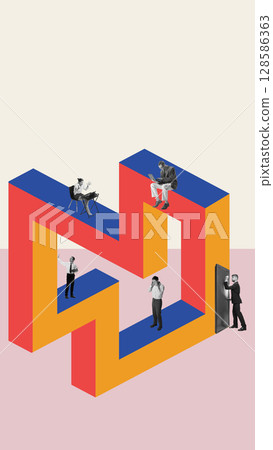 Collage of businesspeople trapped in optical illusion structure representing workplace complexity Collage of businesspeople trapped in optical illusion structure representing workplace complexity 128586363