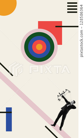 Collage of businessman aiming arrow at colorful target with focused expression and bold layout Collage of businessman aiming arrow at colorful target with focused expression and bold layout 128586364