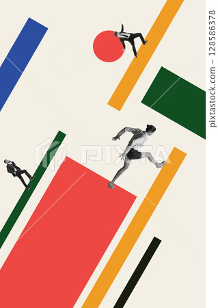 Collage of white collar workers interacting with geometric forms and dynamic shapes on white background 128586378