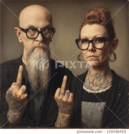 Portrait of two tattooed individuals displaying defiance with their gestures in a vintage-styled setting 128586458