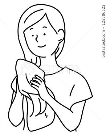 女人用毛巾擦乾頭髮_線條畫 女人用毛巾擦乾頭髮_線條畫 128586522