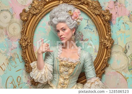 Elegant woman in vintage costume posing playfully against a decorative background in a whimsical setting Elegant woman in vintage costume posing playfully against a decorative background in a whimsical setting 128586523