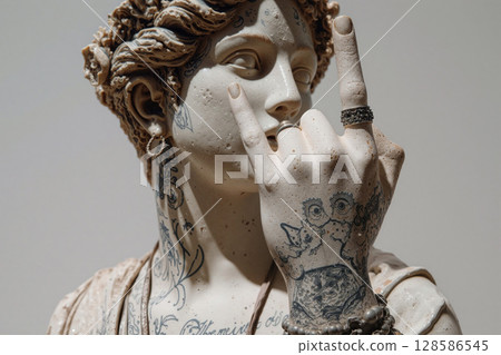 Sculpture of a tattooed figure showcasing a hand gesture in a contemporary art museum setting 128586545