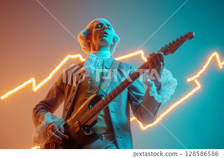 Unique performance by a musician in historical attire with electric guitar in a vibrant light setting Unique performance by a musician in historical attire with electric guitar in a vibrant light setting 128586586