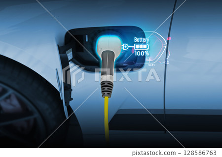 Power cable pump plug in charging power to electric vehicle EV car. 128586763